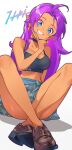  1girl ahoge alternate_costume artist_name bare_legs bare_shoulders black_camisole blue_eyes blue_pupils blue_skirt blush breasts brown_shoes camisole casual character_name choker cleavage clothes_writing collarbone commentary_request curtained_hair dark-skinned_female dark_skin dot_nose earrings full_body gold_earrings grin hair_down hand_up highres hoop_earrings indian_style itou_kazuki jewelry knees_up loafers long_hair looking_at_viewer medium_breasts midriff miniskirt nail_polish no_socks open_mouth parted_bangs plaid_clothes plaid_skirt pointy_ears purple_choker purple_nails shantae shantae_(series) shoes simple_background sitting skirt smile solo tan very_long_hair white_background 
