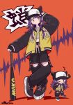  1boy arm_up baseball_bat baseball_cap belt bishounen black_gloves black_hat black_pants black_shoes black_sleeves cephalopod_eyes character_name chibi closed_mouth clothing_cutout commentary_request crop_top crossed_ankles eighth_note fake_horns fingerless_gloves full_body gloves grey_shirt hand_on_headwear hand_up hat highres holding holding_baseball_bat horned_headwear horns indie_virtual_youtuber jacket letterman_jacket long_hair long_sleeves looking_at_viewer male_focus multiple_views musical_note nail_polish norixio one_eye_closed open_clothes open_jacket open_mouth orange_background orange_belt orange_nails over_shoulder pants purple_hair shirt shoes sleeves_past_wrists smile sneakers standing thigh_cutout twitter_username virtual_youtuber watermark weapon weapon_over_shoulder yanagi_mako yellow_eyes yellow_jacket 