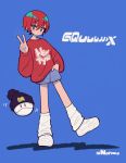  1girl amate_yuzuriha aqua_eyes artist_name beanie black_hat blue_background blue_shorts closed_mouth clothes_writing commentary_request copyright_name full_body gundam gundam_gquuuuuux hair_between_eyes hand_in_pocket hand_up haro hat leg_warmers looking_at_viewer non-humanoid_robot norixio oversized_clothes oversized_shirt red_hair red_shirt robot shirt shoes short_hair short_shorts shorts simple_background standing standing_on_one_leg twitter_username v v-shaped_eyebrows white_leg_warmers white_shoes 