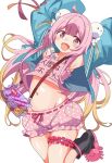  1girl ahoge armpits arms_up bag black_socks blue_jacket blush camisole clothes_writing commentary_request commission fang gradient_hair hair_ornament indie_virtual_youtuber irodori_drawpic jacket leg_up long_hair midriff multicolored_hair navel open_mouth pink_camisole pink_eyes pink_hair pink_shoes pink_shorts polka_dot polka_dot_shorts shoes short_shorts shorts skeb_commission sleeves_past_wrists smile socks solo standing standing_on_one_leg stomach thighs virtual_youtuber yumekayo_guu 