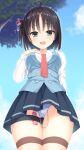  1girl :d absurdres ahoge aria_(koiiroharemoyou) aroused between_breasts black_hair blue_skirt blue_sky blue_vest blush breasts cameltoe clothes_between_breasts cloud collared_shirt commission curvy egg_vibrator eyelashes eyes_visible_through_hair flower from_below furrowed_brow green_eyes hair_between_eyes hair_bun hair_flower hair_ornament hair_stick highres hitachi_mako large_breasts long_sleeves looking_at_viewer medium_hair miniskirt naughty_face necktie necktie_between_breasts open_mouth outdoors paid_reward_available panties parted_bangs pleated_skirt red_necktie remote_control_vibrator school_uniform senren_banka sex_toy shirt sidelocks skeb_commission skirt sky smile solo standing steam thigh_gap thigh_strap thighs tree underwear variant_set vest vibrator vibrator_cord vibrator_in_thigh_strap white_panties white_shirt 