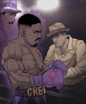  3boys adonis_creed apollo_creed birthmark cosplay creed_(movie) dark-skinned_male dark_skin father_and_child father_and_son highres joestar_birthmark jojo_no_kimyou_na_bouken joseph_joestar joseph_joestar_(old) joseph_joestar_(old)_(cosplay) male_focus multiple_boys parent_and_child rem_illustrations rocky rocky_balboa stand_(jojo) stardust_crusaders 