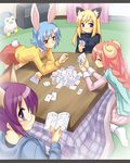  animal_ears artist_request bird blonde_hair blue_hair blush book braid bunny_(trickster) bunny_ears bunny_tail card cat_(trickster) cat_ears closed_eyes fox_(trickster) fox_ears glasses holding holding_card horns long_hair looking_back lying_card multiple_girls pajamas penguin pink_hair purple_eyes purple_hair red_eyes sheep_(trickster) sheep_ears short_hair skirt sweater tail trickster twin_braids 