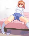  bed hairband jpeg_artifacts kanon kyokucho orange_hair red_eyes shorts slippers socks solo spread_legs sweater tsukimiya_ayu 