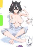  1girl ahoge animal_ears arm_up bikini black_hair blue_jacket blue_pants breasts cleavage collarbone commentary gold_ship_(racehorse) hair_between_eyes highres horse_ears horse_girl indian_style jacket jacket_partially_removed kitasan_black_(umamusume) large_breasts looking_at_viewer micro_bikini multicolored_hair pants short_hair simple_background sitting skindentation sportswear streaked_hair swimsuit translation_request umamusume white_background white_bikini white_streaks x4mel 