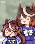  2girls animal_ears blush bow bowtie brown_hair commentary ear_bow ear_ribbon hair_between_eyes horse_ears horse_girl horseshoe_ornament large_bow long_hair long_sleeves multicolored_hair multiple_girls oniisaman photo-referenced pleated_skirt ponytail purple_shirt purple_skirt sailor_collar sailor_shirt school_uniform shirt single_hair_streak skirt smile streaked_hair symboli_rudolf_(umamusume) tokai_teio_(umamusume) tongue tongue_out tracen_school_uniform two-tone_hair umamusume untranslatable_commentary white_bow white_bowtie white_hair white_streaks winter_uniform 