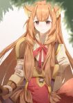  1girl animal_ear_fluff animal_ears armor artist_name black_dress blunt_bangs blurry breastplate breasts brown_armor brown_gloves brown_hair closed_mouth collared_dress commentary depth_of_field double-parted_bangs dress elbow_gloves english_commentary gloves hair_between_eyes hair_tubes hand_up high_collar highres layered_dress leather_armor light_particles long_hair long_sleeves looking_at_viewer medium_breasts messy_hair metal_arm_cuffs metal_hair_tubes metal_wrist_cuffs neck_ribbon pauldrons pink_eyes pinstripe_dress pinstripe_pattern raccoon_ears raccoon_girl raccoon_tail raphtalia red_dress red_ribbon ribbon shoulder_armor simple_background single_pauldron sleeveless sleeveless_dress smile solo sparkling_eyes tail tanuki tate_no_yuusha_no_nariagari twitter_username two-tone_dress watermark weskie white_background white_dress yellow_trim 