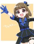  1girl :d awoke_(love_live!) black_jacket black_shorts blue_gloves blunt_bangs border brown_hair chesto_(phrase) commentary_request cowboy_shot gloves highres jacket kachimachi_kosuzu kanduki_kamibukuro looking_at_viewer love_live! love_live!_hasu_no_sora_jogakuin_school_idol_club medium_hair open_mouth outside_border pink_eyes short-sleeved_jacket short_shorts short_sleeves shorts simple_background smile solo thigh_strap v-shaped_eyebrows virtual_youtuber white_border yellow_background 