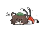  1girl animal_ear_fluff animal_ears black_shoes brown_hair cat_ears cat_girl cat_tail chen commentary_request full_body green_hat hat highres long_sleeves lying multiple_tails on_back shoes short_hair signature simple_background sleeping solo spoken_zzz tail touhou two_tails uni_souchou white_background zzz 