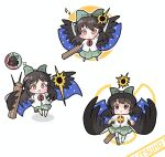  1girl arm_cannon black_hair black_sun black_wings bow brown_eyes character_name chest_eye chibi closed_mouth commentary_request fang green_bow green_skirt hair_bow highres kuzukirara65432 long_hair multiple_views reiuji_utsuho reiuji_utsuho_(bird) shirt simple_background skirt starry_sky_print sun touhou triangle_print weapon white_background white_shirt wings 