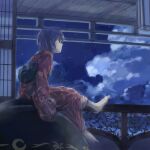  1girl back_bow barefoot bow bowl cloud commentary_request from_side japanese_clothes kimono long_sleeves missing_headwear nakajimayou night obi parted_lips profile purple_hair red_eyes red_kimono sash shining_needle_castle short_hair shouji sitting sky sliding_doors solo star_(sky) starry_sky sukuna_shinmyoumaru toes touhou 