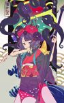  1girl awoito_(tsurubami_jiguro) commentary_request fate/grand_order fate_(series) fine_art_parody flower hair_flower hair_ornament highres holding japanese_clothes katsushika_hokusai_(fate) kimono looking_at_viewer obi octopus paintbrush parody purple_eyes purple_hair purple_kimono sash short_hair solo toto-sama_(fate) wide_sleeves 