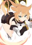  1girl absurdres ahoge animal_ear_fluff animal_ears axe belt bent_over black_shorts blush breasts brown_belt brown_hair closed_mouth commentary_request double-sided_axe floating_hair gauntlets green_eyes highres holding holding_axe long_hair multicolored_hair nyaha original ponytail shorts simple_background small_breasts solo streaked_hair tail tail_through_clothes very_long_hair white_background 