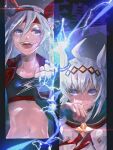  2girls ahoge animal_ears blue_eyes blue_hairband blue_jacket blue_sailor_collar blue_sports_bra breasts brooch closed_mouth collarbone commentary_request ear_covers ear_ornament electricity fang fingerless_gloves gloves grey_hair hair_between_eyes hairband headband highres horse_ears horse_girl horse_tail jacket jewelry lightning_bolt_print lightning_bolt_symbol long_hair long_sleeves mizutsuki_arika multicolored_hair multicolored_hairband multiple_girls navel neckerchief oguri_cap_(starlight_beat)_(umamusume) oguri_cap_(umamusume) open_mouth red_headband red_neckerchief sailor_collar shirt small_breasts smile sports_bra star_brooch striped_clothes striped_hairband sweat tail tamamo_cross_(fast_as_lightning)_(umamusume) tamamo_cross_(umamusume) teeth two-tone_hairband umamusume upper_teeth_only very_long_hair white_jacket white_shirt wiping_mouth 