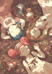  arms_behind_head blue_hair brown_hair dappled_sunlight double_bun fujiwara_hazuki glasses harukaze_doremi leaf lying minigirl moai_(aoh) multiple_girls ojamajo_doremi pink_hair senoo_aiko shade short_hair sleeping smile sunlight 