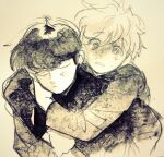  2boys black_hair carrying gakuran ganbare!_nakamura-kun!! highres hirose_aiki multiple_boys nakamura_okuto painting_(medium) piggyback school_uniform shundei_(enig) traditional_media watercolor_(medium) 