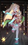  1girl absurdres animal_ears blonde_hair cho_kaguya-hime! clenched_teeth closed_eyes clothing_cutout commentary egasumi highres indoors inudoge japanese_clothes kaguya_(cho_kaguya-hime!) kimono long_hair low-tied_long_hair pink_shoes rabbit_ears rabbit_girl red_kimono shoes shoulder_cutout smile socks solo star_(symbol) teeth tomone43 white_socks 