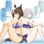 2girls animal_ears back-to-back bare_shoulders bikini bikini_shorts blue_bikini blue_eyes blue_ribbon blue_swim_trunks blush braid breasts brown_hair cheval_grand_(summer_calm_navy_drop)_(umamusume) cheval_grand_(umamusume) cheval_grand_(umamusume)_(cosplay) cleavage commentary_request commission cosplay gakuen_idolmaster grey_hair hair_between_eyes hair_ribbon half_up_braid half_up_half_down_braid highres horse_ears horse_girl horse_tail idolmaster katsuragi_lilja large_breasts medium_breasts multicolored_hair multiple_girls navel nikukai official_alternate_costume official_alternate_hairstyle pixiv_commission ribbon ribbon_in_braid short_hair shorts sitting stomach streaked_hair swimsuit tail translation_request umamusume 