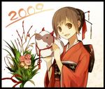  2009 bad_id bad_pixiv_id brown_eyes brown_hair flower jan japanese_clothes kimono new_year original solo upper_body 
