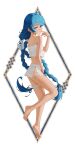  1girl absurdres ahoge aqwariate ass bare_arms bare_shoulders barefoot black_ribbon blue_eyes blue_hair bow braid camisole closed_mouth commentary english_commentary feet film_grain frilled_thigh_strap hair_bow hair_ribbon highres long_hair looking_at_viewer low_twin_braids lying mushoku_tensei on_side ribbon roxy_migurdia smile soles solo thigh_strap toes twin_braids underwear underwear_only very_long_braid very_long_hair white_background white_bow white_camisole 