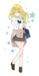  1girl alternate_costume artist_name bag blonde_hair blue_bag blush bow bowtie bracelet braid brown_shoes brown_sweater clothes_around_waist collared_shirt commentary_request contemporary full_body green_bow green_bowtie grey_skirt grin hair_between_eyes hair_bow highres jewelry kirisame_marisa leg_warmers loafers long_hair looking_at_viewer loose_bowtie minatsuki_yurara missing_headwear one_eye_closed plaid_clothes plaid_skirt pleated_skirt school_bag school_uniform scrunchie shirt shoes side_braid simple_background single_braid skirt smile solo star_(symbol) sweater sweater_around_waist touhou white_background white_leg_warmers white_shirt wrist_scrunchie yellow_eyes yellow_nails 