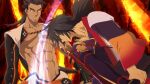  2boys abs armor artist_request black_gloves black_hair brothers canon_event closed_mouth collarbone commentary cowboy_shot english_commentary game_asset gloves hair_between_eyes hair_over_one_eye holding holding_sword holding_weapon japanese_clothes lava long_hair looking_at_another low_ponytail male_focus multiple_boys muscular muscular_male navel official_art orange_eyes pectorals ponytail purple_armor rokurou_rangetsu scar scar_on_chin scar_on_face shigure_rangetsu siblings slashing spoilers sword tales_of_(series) tales_of_berseria tales_of_the_rays teeth third-party_source two-handed_sword weapon yellow_eyes 