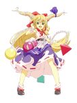  1girl :d absurdres black_shoes blonde_hair blue_ribbon bow brown_eyes chain commentary_request cube fangs footwear_bow frilled_wrist_cuffs frills full_body gourd hair_bow hand_up highres horn_ornament horn_ribbon horns ibuki_suika light_blush long_hair nakajimayou orb purple_skirt pyramid_(geometry) red_bow red_ribbon ribbon ribbon-trimmed_skirt ribbon_trim shirt shoes sidelocks skirt sleeveless sleeveless_shirt smile socks solo touhou transparent_background white_shirt white_socks wrist_cuffs 