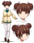  1girl bad_source blush bow bowtie breasts brown_eyes brown_hair brown_shoes cardigan collared_shirt double_bun fujinoki_nene full_body green_bow green_bowtie green_skirt hair_bun hajimete_no_gal huge_breasts loafers looking_at_viewer lowres multiple_views official_art pantyhose pleated_skirt portrait school_uniform shirt shoes simple_background skirt smile white_background white_pantyhose white_shirt yellow_cardigan 