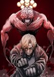  1boy behind_another black_coat black_gloves blonde_hair brain clenched_hands clenched_teeth coat commentary_request exposed_brain facial_hair ganma_(nicoseiga52595768) gloves highres jujutsu_kaisen leon_s._kennedy licker_(resident_evil) looking_at_viewer mahoraga_(jujutsu_kaisen) male_focus parody resident_evil resident_evil_requiem short_hair stubble teeth wheel_of_dharma with_this_treasure_i_summon zombie 