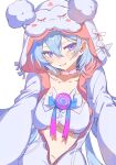  1girl blue_hair bra breasts chinese_commentary choker collarbone commentary crossed_bangs eye_mask hair_behind_ear hair_between_eyes highres hood hood_bow hood_up hooded_pajamas looking_at_viewer loungewear mask mask_on_head navel onesie open_pajamas pajamas pink_choker poxiao_buff purple_bra purple_eyes purple_pajamas sideways_glance simple_background sleep_mask smile solo stomach strinova underboob underwear upper_body white_background yugiri_(strinova) 