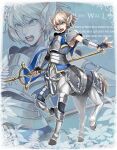  1boy animal_ears armor awii blonde_hair blue_background blue_eyes centaur commentary english_commentary fingerless_gloves full_body gloves holding holding_staff horse_ears male_focus monster_boy original short_hair solo staff taur zoom_layer 