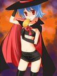  black_legwear blue_hair bow bunny_(trickster) candy cape flat_chest food gloves halloween hat licking lollipop midriff mofmof_(sousa) red_eyes ribbon shaped_lollipop short_hair short_shorts shorts solo thighhighs trickster witch_hat 