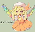  :d blonde_hair dress eyebrows flandre_scarlet gao hat no_legs open_mouth rawan red_eyes short_hair simple_background smile solo touhou wings 