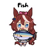  1girl animal_ears asymmetrical_gloves blue_eyes brown_hair ear_ribbon fish gloves highres horse_ears horse_girl horse_tail manhattan_cafe_holding_a_fish_(meme) meme mismatched_gloves multicolored_hair pandamonium_(pandamon00) simple_background single_hair_streak skirt solo streaked_hair tail tokai_teio_(peak_joy)_(umamusume) tokai_teio_(umamusume) umamusume white_streaks 