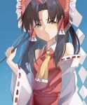  1girl ascot bow brown_eyes brown_hair closed_mouth commentary detached_sleeves frilled_bow frilled_hair_tubes frills gohei hair_bow hair_tubes hakurei_reimu highres holding holding_gohei long_hair neruko_(piano00324) red_bow red_skirt ribbon-trimmed_sleeves ribbon_trim skirt skirt_set solo touhou yellow_ascot 
