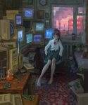  1girl absurdres alternate_costume asymmetrical_hair barefoot brown_eyes brown_hair cable chair character_doll clock collared_shirt computer computer_tower crt doll feet floppy_disk full_body green_skirt hair_ornament hairclip highres icon_(religion) iwakura_lain long_sleeves looking_at_viewer medium_hair monitor multiple_monitors neck_ribbon on_chair page-a-day_calendar plaid_clothes plaid_skirt power_lines print_carpet real_world_location red_ribbon ribbon sad serial_experiments_lain shanchi shirt single_sidelock sitting skirt smoke smokestack soviet statue stuffed_animal stuffed_toy sunrise ukraine wall_clock water_heater white_shirt window wire x_hair_ornament 