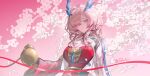  1girl absurdres arknights arknights:_endfield breasts cleavage closed_mouth commentary demon_girl demon_horns gourd green_eyes hair_over_one_eye highres holding holding_gourd horns jacket large_breasts looking_at_viewer mi_fu_(arknights) open_clothes open_jacket pink_hair red_shirt shale shirt short_hair solo white_jacket 