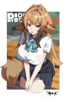  1girl absurdres animal_ears asa_uri_sa blue_skirt border breasts brown_hair chinese_commentary commentary_request fox_ears fox_girl fox_tail hairband highres large_breasts long_hair multicolored_hairband pleated_skirt red_eyes school_uniform shirt skirt solo tail thighs tongue tongue_out two-tone_hairband very_long_hair white_border white_shirt ye_shunguang zenless_zone_zero 