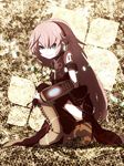  blue_eyes boots itaru knee_boots kneeling long_hair megurine_luka pink_hair shoe_tying smile solo thighhighs vocaloid 