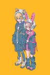  1boy 1girl animal_ear_helmet animal_helmet black_jacket blonde_hair blue_eyes brown_hair cat_helmet collar crop_top drawstring full_body helmet highres hood hood_down hoodie jacket jewelry leg_warmers makaino_ririmu makaino_ririmu_(6th_costume) midriff miniskirt necklace nijisanji official_alternate_costume open_clothes open_jacket pink_eyes pleated_skirt rabbit_helmet saeabeoji_(p1vk8bwvmgb2sz0) simple_background skirt sleeves_past_fingers sleeves_past_wrists uzuki_kou uzuki_kou_(5th_costume) virtual_youtuber yellow_background 