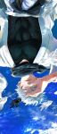  belt black_belt black_scarf black_shirt blue_eyes blue_sky closed_mouth cloud commentary_request dougi fish gojo_satoru goldfish highres jujutsu_kaisen open_clothes outdoors reflection reflective_liquid scarf shading_eyes shiki_(shiki_no) shirt short_hair signature sky upside-down water white_hair 