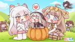  6+girls =_= absurdres all_fours animal_ear_fluff animal_ears antlers bandaged_foot bandaged_leg bandaged_tail bandages bell black_tunic black_veil blue_eyes brown_hair butter_(trickcal) cat_ears cat_girl cat_tail celtic_knot chibi chibi_only closed_eyes commentary_request criss-cross_straps cucumber deer_antlers deer_ears deer_girl diana_(trickcal) diyap_(style) dog_ears dog_girl dog_tail dragon_ears dragon_girl dragon_horns dragon_tail dragon_wings fang fewer_digits hand_under_clothes hand_under_shirt headband highres horns humanization kidian_(trickcal) kommy_(trickcal) kyuri_(trickcal) meme multiple_girls nun nun_headdress pink_shorts pumpkin red_headband ribbon scratching_chest shirt shorts slingshot_(weapon) speaki_(trickcal) speakiposting_(meme) striped_clothes striped_thighhighs suwa_yasai tail thighhighs torn_wings trickcal tunic two-tone_wings veil white_hair white_shirt wings yellow_ribbon yellow_thighhighs 