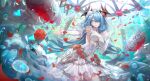  1girl bare_shoulders blue_eyes blue_hair breasts commentary cowboy_shot csyday detached_sleeves dress duet_night_abyss english_commentary flower hair_flower hair_ornament hair_over_one_eye hand_up highres large_breasts leaning_forward long_hair long_sleeves looking_to_the_side parted_lips rebecca_(duet_night_abyss) red_flower sleeveless sleeveless_dress smile solo thighhighs very_long_hair white_dress white_flower white_sleeves white_thighhighs 