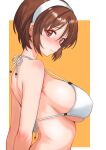  1girl absurdres alternate_costume arms_behind_back bikini blush border breasts brown_eyes brown_hair closed_mouth commentary_request hairband highres kantai_collection large_breasts looking_at_viewer natori_(kancolle) nitamako_(sakamalh) orange_background short_hair solo swimsuit upper_body white_bikini white_border white_hairband 