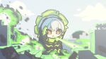 1girl 1nstanthero absurdres alternate_costume anby_demara blue_sky chibi city cloud commentary_request day destruction ethereal_(zenless_zone_zero) grey_hair headphones highres hollow_(zenless_zone_zero) korean_commentary orange_eyes outdoors short_hair sky solo zenless_zone_zero 