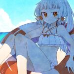  1girl alternate_costume alternate_hairstyle ark_kan beach bikini blue_sky blunt_bangs blush cloud commentary_request day frilled_bikini frills hair_ribbon innertube kantai_collection long_hair looking_at_viewer murakumo_(kancolle) ocean orange_eyes outdoors ponytail ribbon shade sidelocks signature sitting sky solo sweat swim_ring swimsuit tress_ribbon white_bikini 