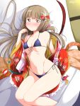  1girl :o bikini blunt_bangs blunt_ends blush breasts brown_eyes brown_hair commentary_request deego_(omochi_bazooka) earrings embarrassed futon hair_ornament hair_ribbon highres idolmaster idolmaster_cinderella_girls japanese_clothes jewelry kimono long_hair looking_at_viewer lying navel open_mouth pink_ribbon print_kimono purple_bikini red_kimono ribbon side-tie_bikini_bottom sidelocks small_breasts solo swimsuit yorita_yoshino 