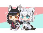  2girls ahoge animal_ear_fluff animal_ear_piercing animal_ears aqua_eyes ascot bell black_hair blue_ascot blush border braid brooch chibi chibi_only commentary_request detached_sleeves earrings fox_ears fox_girl fox_tail from_side full_body hair_ornament hairclip highres hololive jewelry jingle_bell kneeling kouhaku_nawa looking_at_viewer multicolored_hair multiple_girls notice_lines ookami_mio ookami_mio_(1st_costume) orange_eyes outline rope shimenawa shirakami_fubuki shirakami_fubuki_(1st_costume) simple_background single_earring skirt streaked_hair suzunami_illust tail tail_around_own_leg thighhighs virtual_youtuber white_border white_hair white_outline wolf_ears wolf_girl wolf_tail 