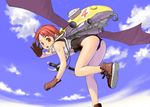  ass black_school_swimsuit boots cloud copyright_request day flying gloves headset leather legs looking_back machine one-piece_swimsuit orange_bullet red_eyes red_hair salute school_swimsuit sky solo strap swimsuit swimsuit_under_clothes waving wings 