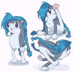  1girl :3 animal animal_with_hair animalization artist_name black_eyes commentary dog english_commentary green_hair highres jinx_(league_of_legends) league_of_legends league_of_legends:_wild_rift leg_up licking_self long_hair multiple_views poomsiekins rearing running simple_background standing white_background 